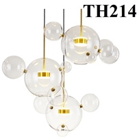 Đèn thả thủy tinh TH214, thân mạ đồng  4 chao thủy tinh trắng trong, tích hợp led ánh sáng vàng, KT(mm): D300+D100+D120+D150xH500